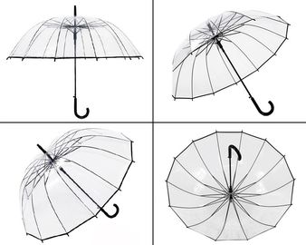 Unisex Uzun Saplı Şeffaf Yağmur Şemsiye 16 K POE Tam Siyah Metal Çerçeve